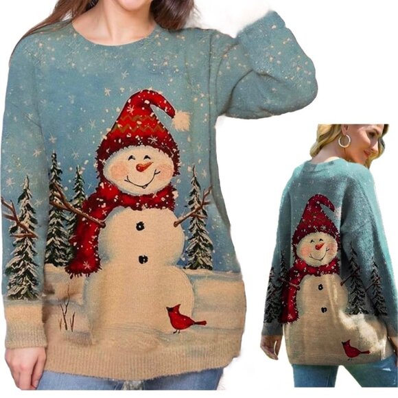 Christmas Snowman Sweater Cotton Wool Blend Winter Scene Sweater Size 2XL - Picture 1 of 9